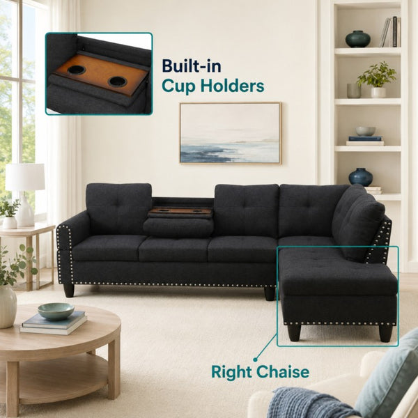 English Elm 69.5 Inch L-Shaped Linen Sectional Sofa with Nail Head Trim and Built-In Cup Holders Black+Grey 97.5 L x 69.5 W x 32.5 H B082S00156