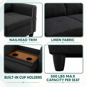 English Elm 69.5 Inch L-Shaped Linen Sectional Sofa with Nail Head Trim and Built-In Cup Holders Black+Grey 97.5 L x 69.5 W x 32.5 H B082S00156
