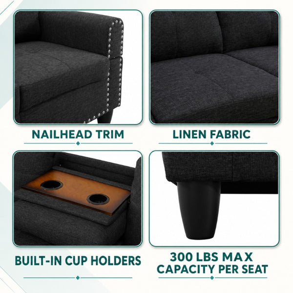 English Elm 69.5 Inch L-Shaped Linen Sectional Sofa with Nail Head Trim and Built-In Cup Holders Black+Grey 97.5 L x 69.5 W x 32.5 H B082S00156