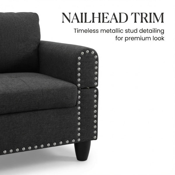 English Elm 69.5 Inch L-Shaped Linen Sectional Sofa with Nail Head Trim and Built-In Cup Holders Black+Grey 97.5 L x 69.5 W x 32.5 H B082S00156