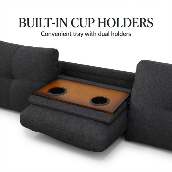 English Elm 69.5 Inch L-Shaped Linen Sectional Sofa with Nail Head Trim and Built-In Cup Holders Black+Grey 97.5 L x 69.5 W x 32.5 H B082S00156