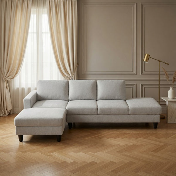 English Elm 69.5 Inch L-Shaped Linen Sectional Sofa with Nail Head Trim and Built-In Cup Holders White+Gray 101.5 L x 55.5 W x 34 H B082S00157