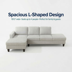 English Elm 69.5 Inch L-Shaped Linen Sectional Sofa with Nail Head Trim and Built-In Cup Holders White+Gray 101.5 L x 55.5 W x 34 H B082S00157
