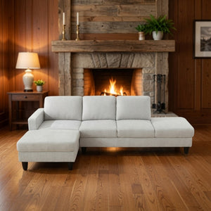 English Elm 69.5 Inch L-Shaped Linen Sectional Sofa with Nail Head Trim and Built-In Cup Holders White+Gray 101.5 L x 55.5 W x 34 H B082S00157