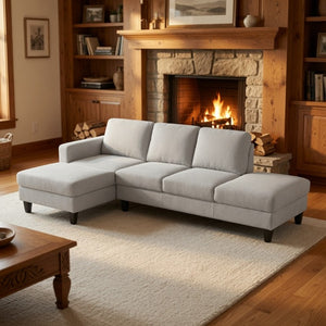 English Elm 69.5 Inch L-Shaped Linen Sectional Sofa with Nail Head Trim and Built-In Cup Holders White+Gray 101.5 L x 55.5 W x 34 H B082S00157
