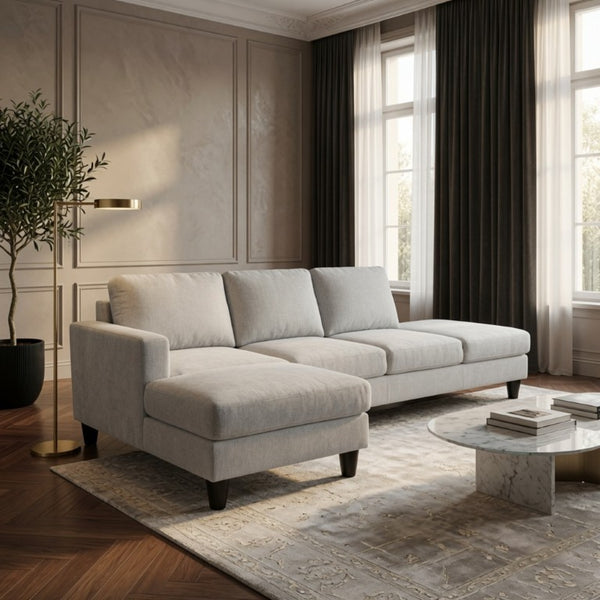 English Elm 69.5 Inch L-Shaped Linen Sectional Sofa with Nail Head Trim and Built-In Cup Holders White+Gray 101.5 L x 55.5 W x 34 H B082S00157