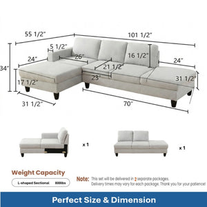 English Elm 69.5 Inch L-Shaped Linen Sectional Sofa with Nail Head Trim and Built-In Cup Holders White+Gray 101.5 L x 55.5 W x 34 H B082S00157