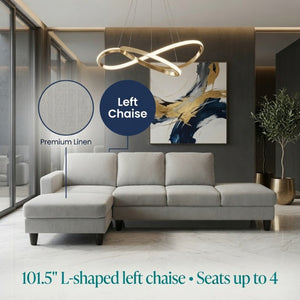 English Elm 69.5 Inch L-Shaped Linen Sectional Sofa with Nail Head Trim and Built-In Cup Holders White+Gray 101.5 L x 55.5 W x 34 H B082S00157