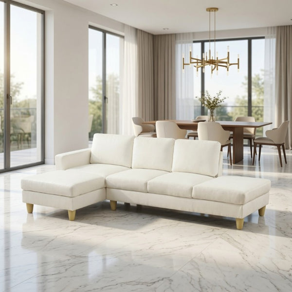 English Elm 101.5 Inch L-Shaped Sectional Sofa with Chaise Ottoman and Hand-Tied Spring Support Beige Linen B082S00159