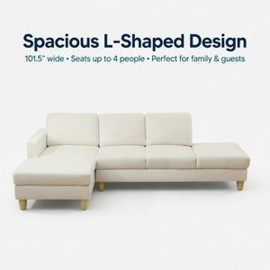 English Elm 101.5 Inch L-Shaped Sectional Sofa with Chaise Ottoman and Hand-Tied Spring Support Beige Linen B082S00159