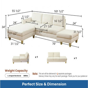 English Elm 101.5 Inch L-Shaped Sectional Sofa with Chaise Ottoman and Hand-Tied Spring Support Beige Linen B082S00159