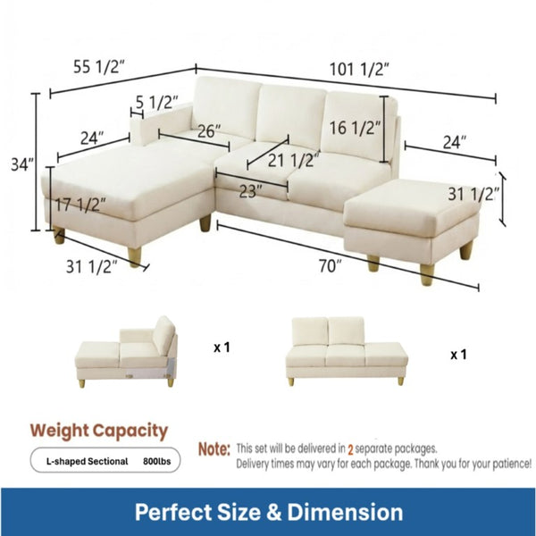 English Elm 101.5 Inch L-Shaped Sectional Sofa with Chaise Ottoman and Hand-Tied Spring Support Beige Linen B082S00159