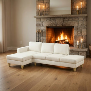 English Elm 101.5 Inch L-Shaped Sectional Sofa with Chaise Ottoman and Hand-Tied Spring Support Beige Linen B082S00159
