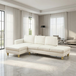 English Elm 101.5 Inch L-Shaped Sectional Sofa with Chaise Ottoman and Hand-Tied Spring Support Beige Linen B082S00159