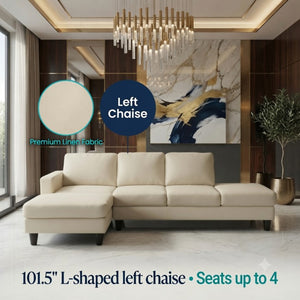 English Elm 101.5 Inch L-Shaped Sectional Sofa with Chaise Ottoman and Hand-Tied Spring Support Beige Linen B082S00159
