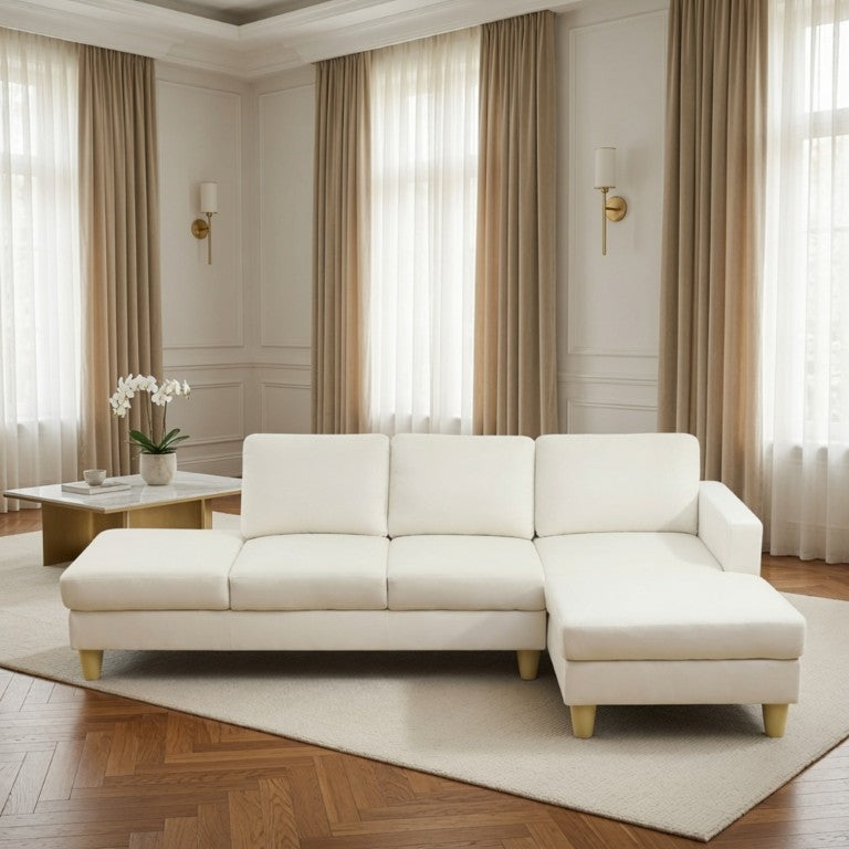 English Elm 101.5 Inch L-Shaped Sectional Sofa with Chaise Ottoman and Tapered Wood Legs Beige Linen B082S00160
