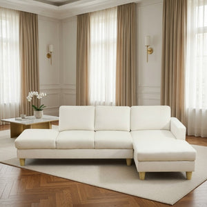 English Elm 101.5 Inch L-Shaped Sectional Sofa with Chaise Ottoman and Tapered Wood Legs Beige Linen B082S00160