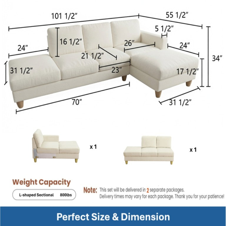 English Elm 101.5 Inch L-Shaped Sectional Sofa with Chaise Ottoman and Tapered Wood Legs Beige Linen B082S00160