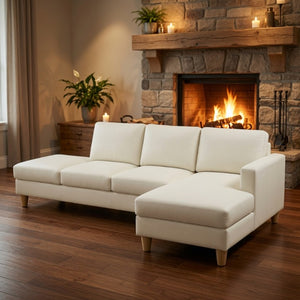 English Elm 101.5 Inch L-Shaped Sectional Sofa with Chaise Ottoman and Tapered Wood Legs Beige Linen B082S00160