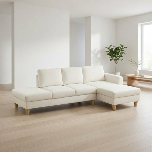 English Elm 101.5 Inch L-Shaped Sectional Sofa with Chaise Ottoman and Tapered Wood Legs Beige Linen B082S00160