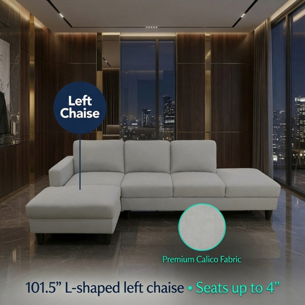 English Elm 101.5 Inch L-Shaped Sectional Sofa with Chaise Ottoman and Tapered Wood Legs Light Grey Cotton Linen B082S00161