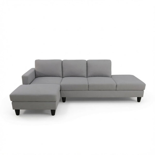 English Elm 101.5 Inch L-Shaped Sectional Sofa with Chaise Ottoman and Tapered Wood Legs Light Grey Cotton Linen B082S00161