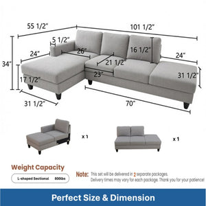 English Elm 101.5 Inch L-Shaped Sectional Sofa with Chaise Ottoman and Tapered Wood Legs Light Grey Cotton Linen B082S00161