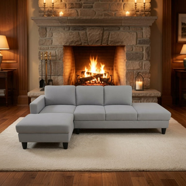 English Elm 101.5 Inch L-Shaped Sectional Sofa with Chaise Ottoman and Tapered Wood Legs Light Grey Cotton Linen B082S00161