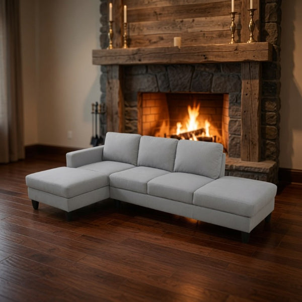 English Elm 101.5 Inch L-Shaped Sectional Sofa with Chaise Ottoman and Tapered Wood Legs Light Grey Cotton Linen B082S00161