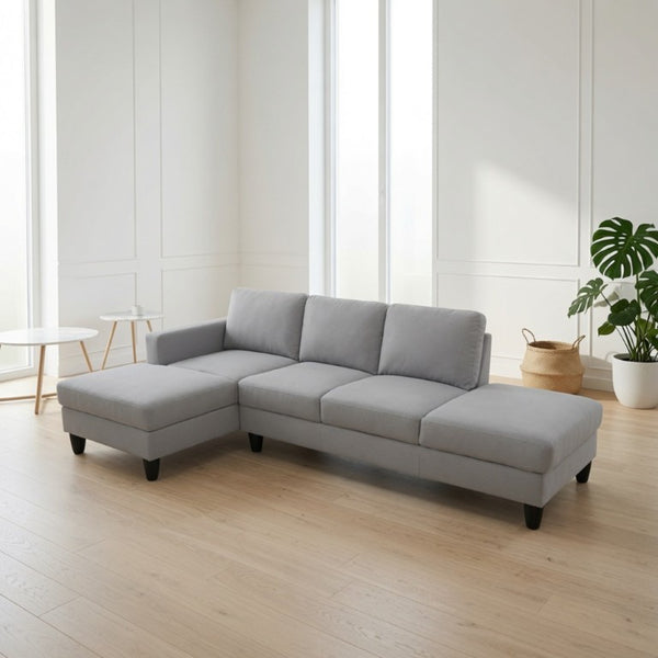 English Elm 101.5 Inch L-Shaped Sectional Sofa with Chaise Ottoman and Tapered Wood Legs Light Grey Cotton Linen B082S00161