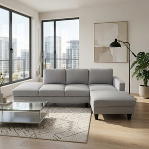 English Elm 101.5 Inch Calico Fabric Sectional Sofa with Chaise Ottoman and Tapered Wood Legs Light Grey Right Chaise B082S00162