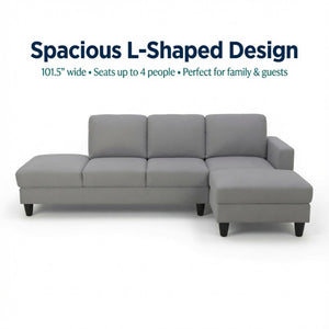 English Elm 101.5 Inch Calico Fabric Sectional Sofa with Chaise Ottoman and Tapered Wood Legs Light Grey Right Chaise B082S00162
