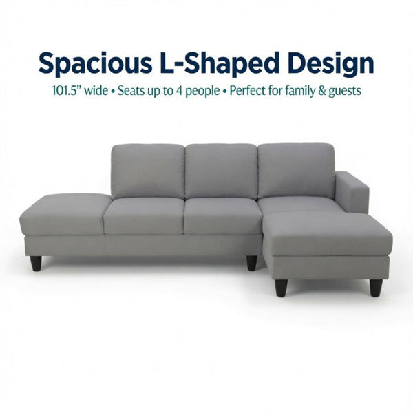 English Elm 101.5 Inch Calico Fabric Sectional Sofa with Chaise Ottoman and Tapered Wood Legs Light Grey Right Chaise B082S00162
