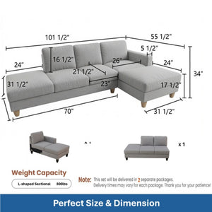 English Elm 101.5 Inch Calico Fabric Sectional Sofa with Chaise Ottoman and Tapered Wood Legs Light Grey Right Chaise B082S00162