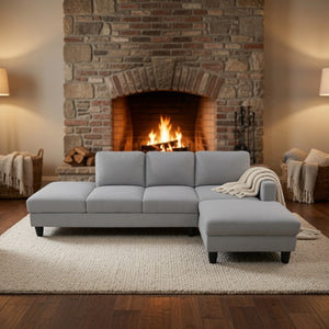 English Elm 101.5 Inch Calico Fabric Sectional Sofa with Chaise Ottoman and Tapered Wood Legs Light Grey Right Chaise B082S00162