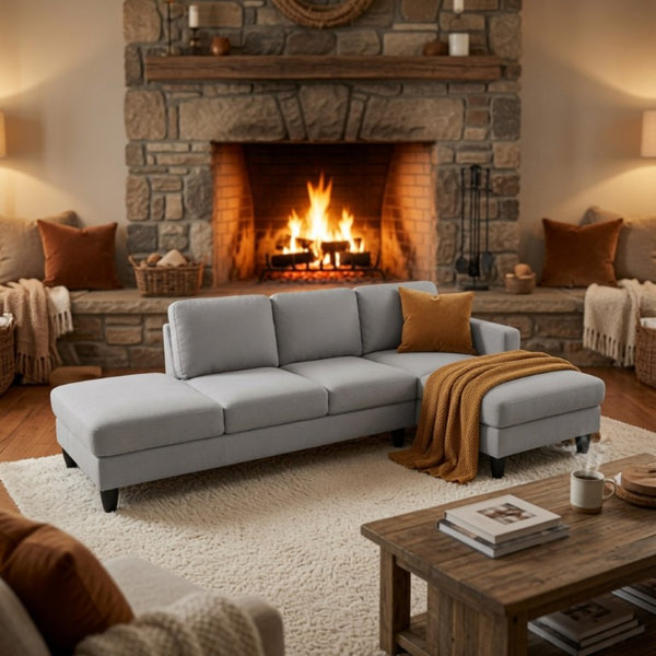 English Elm 101.5 Inch Calico Fabric Sectional Sofa with Chaise Ottoman and Tapered Wood Legs Light Grey Right Chaise B082S00162
