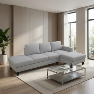 English Elm 101.5 Inch Calico Fabric Sectional Sofa with Chaise Ottoman and Tapered Wood Legs Light Grey Right Chaise B082S00162