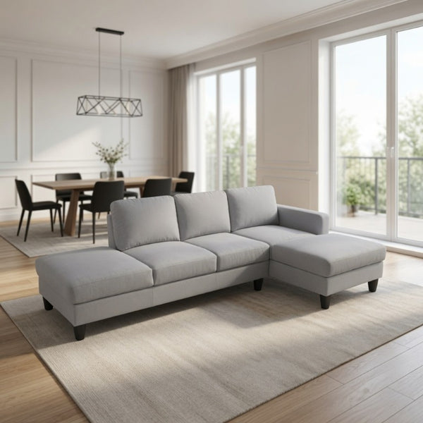 English Elm 101.5 Inch Calico Fabric Sectional Sofa with Chaise Ottoman and Tapered Wood Legs Light Grey Right Chaise B082S00162