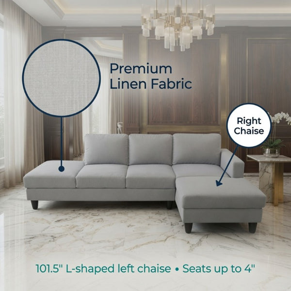 English Elm 101.5 Inch Calico Fabric Sectional Sofa with Chaise Ottoman and Tapered Wood Legs Light Grey Right Chaise B082S00162