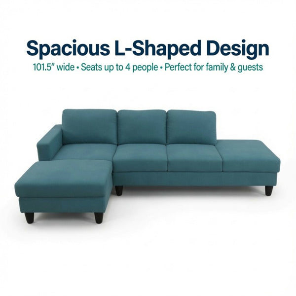 English Elm 101.5 Inch Calico Fabric Sectional Sofa with Chaise Ottoman and Tapered Wood Legs Lake Green Left Chaise B082S00163