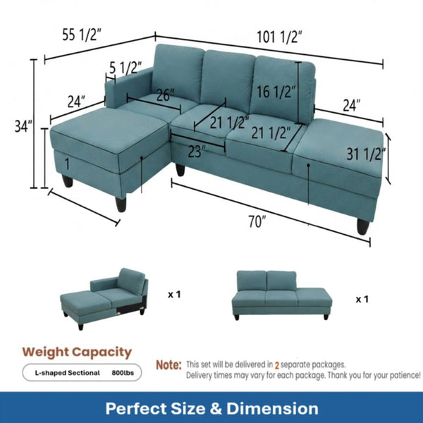English Elm 101.5 Inch Calico Fabric Sectional Sofa with Chaise Ottoman and Tapered Wood Legs Lake Green Left Chaise B082S00163