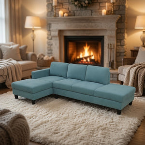 English Elm 101.5 Inch Calico Fabric Sectional Sofa with Chaise Ottoman and Tapered Wood Legs Lake Green Left Chaise B082S00163