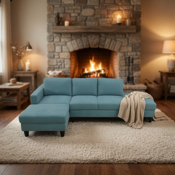 English Elm 101.5 Inch Calico Fabric Sectional Sofa with Chaise Ottoman and Tapered Wood Legs Lake Green Left Chaise B082S00163
