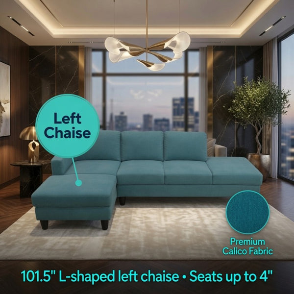 English Elm 101.5 Inch Calico Fabric Sectional Sofa with Chaise Ottoman and Tapered Wood Legs Lake Green Left Chaise B082S00163