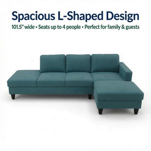 English Elm 101.5 Inch Calico Fabric L-Shaped Sectional Sofa with Ottoman and Hand-Tied Springs Lake Green Right Chaise B082S00164