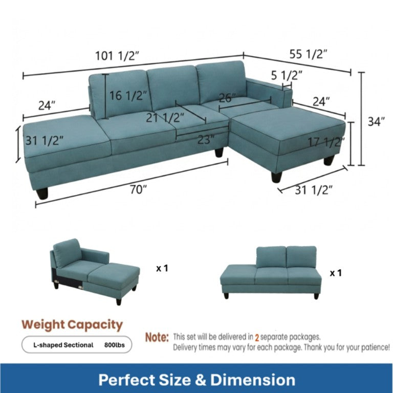 English Elm 101.5 Inch Calico Fabric L-Shaped Sectional Sofa with Ottoman and Hand-Tied Springs Lake Green Right Chaise B082S00164