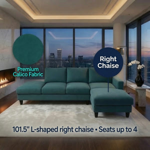 English Elm 101.5 Inch Calico Fabric L-Shaped Sectional Sofa with Ottoman and Hand-Tied Springs Lake Green Right Chaise B082S00164