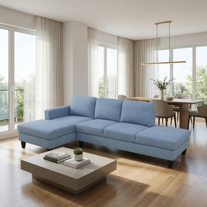 English Elm 101.5 Inch Calico Fabric L-Shaped Sectional Sofa with Ottoman and Hand-Tied Springs Grayish Blue Left Chaise B082S00165