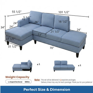 English Elm 101.5 Inch Calico Fabric L-Shaped Sectional Sofa with Ottoman and Hand-Tied Springs Grayish Blue Left Chaise B082S00165