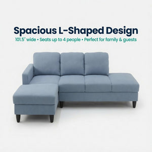 English Elm 101.5 Inch Calico Fabric L-Shaped Sectional Sofa with Ottoman and Hand-Tied Springs Grayish Blue Left Chaise B082S00165